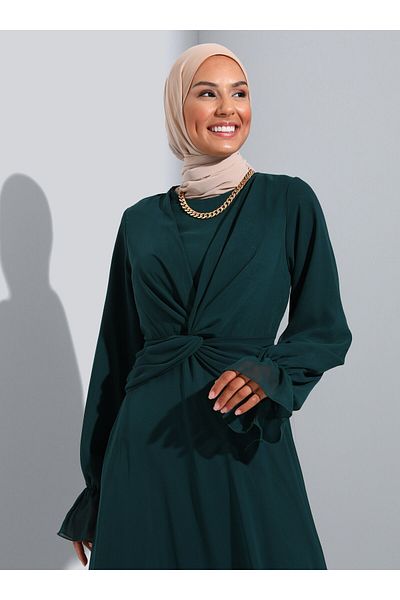 Refka Knot Detailed Chiffon Hijab Evening Dress - Emerald Green -