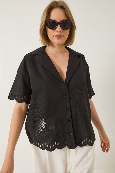 Bianco Lucci Women's Jacket Collar Openwork Short Sleeve Embroidered Linen Shirt 60283016