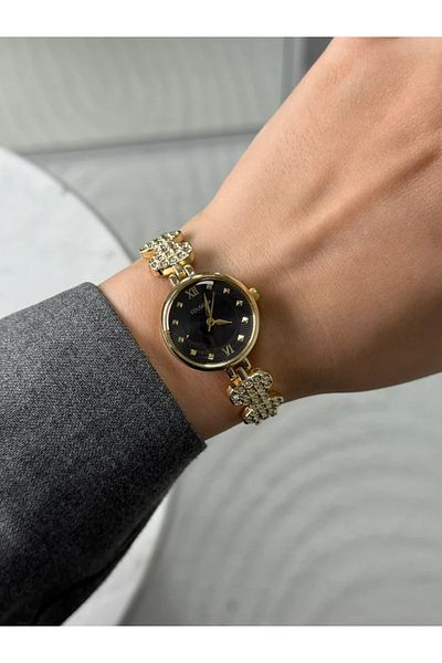RoseandRoses Fresya Bow Stone Cord Round Case Women's Wristwatch Gold (Black Dial)