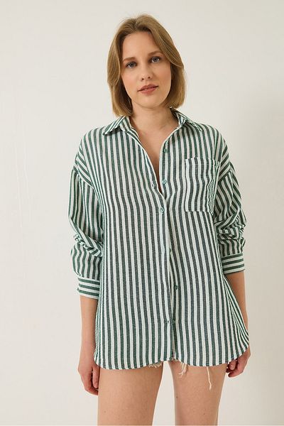 Bianco Lucci Koszula damska w paski, oversize, z jedną kieszenią, tkana, 2069 60283203