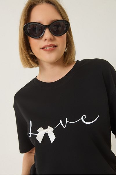 Bianco Lucci Women's Love Printed Ribbon Detailed Regular Fit Cotton T-Shirt 60283208