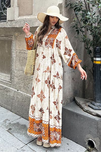 AYASOFYA OTANTIK Women's Orange Button Detailed Patch Collar Ethnic Balloon Sleeve Loose Long Dress