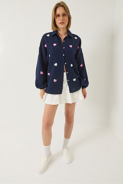 Bianco Lucci Women's Süzene Heart Embroidered Oversize Muslin Shirt 2036 60283052