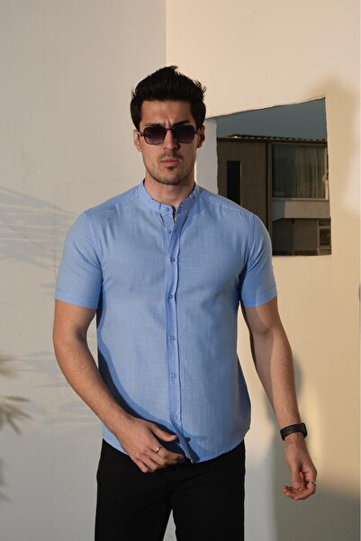 jack carisma Риза с къс ръкав и яка „съдия“, текстурирана от 100% памук и лен, с тясна кройка