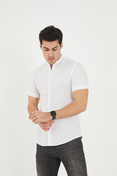 jack carisma Κοντό μανίκι Judge Collar 100% βαμβακερό λινό υφή Πουκάμισο με λεπτή εφαρμογή
