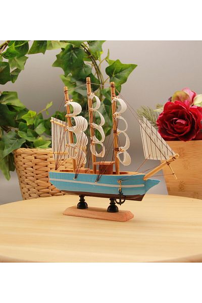HEDİYEBİZİZ Wooden Sailing Ship - Turquoise