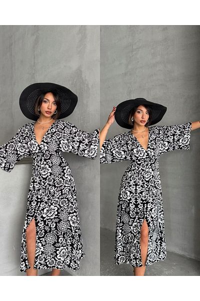 BE CHİC Rochie midi lungă de zi cu zi pentru femei, cu decolteu dublu, cu imprimeu floral, cu talie elastică SG1001-1