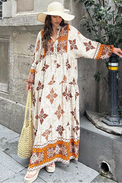 AYASOFYA OTANTIK Women's Orange Button Detailed Patch Collar Ethnic Balloon Sleeve Loose Long Dress