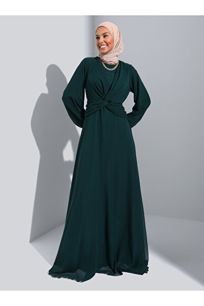 Refka Knot Detailed Chiffon Hijab Evening Dress - Emerald Green -
