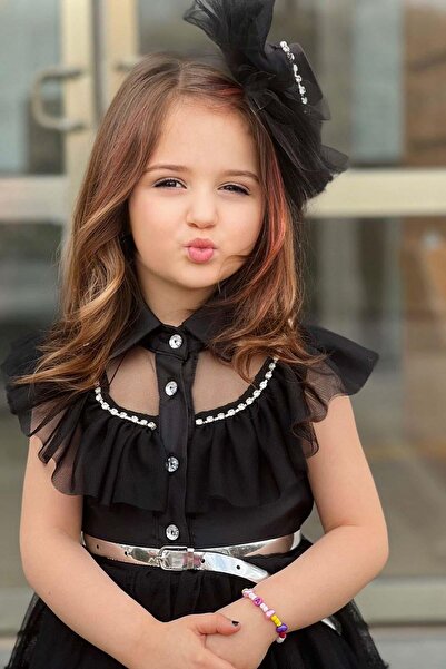 Riccotarz Girl Shirt - Collar Stone Embroidered Chest, Ruffled Zero Sleeve Belt Skirt Tulle Black Dress