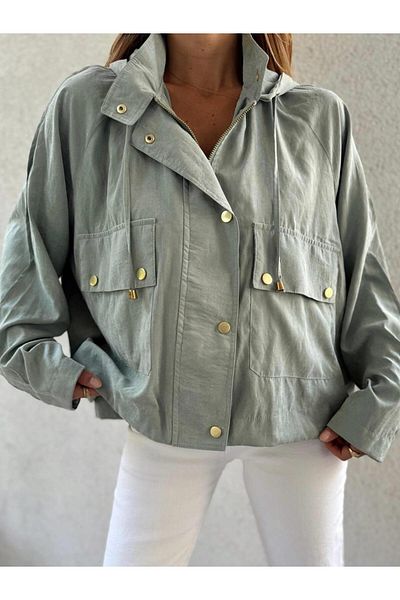 Maldia Shop Women's Hooded Oversize Bomber Green Trench Coat