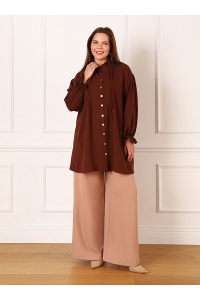 ALİA Plus Size Ruffle Collar Aerobin Tunic - Bitter Brown - Alia