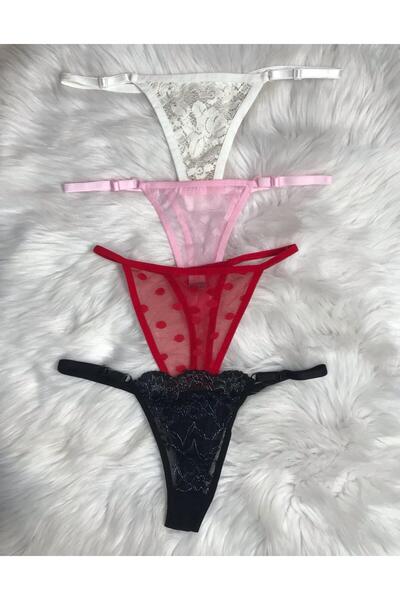 Masal Lingerie Women's Thong Panties Combination 4 Pieces (1 Piece Black-1 Piece Red-1 Piece Ecru-1 Piece Pink)