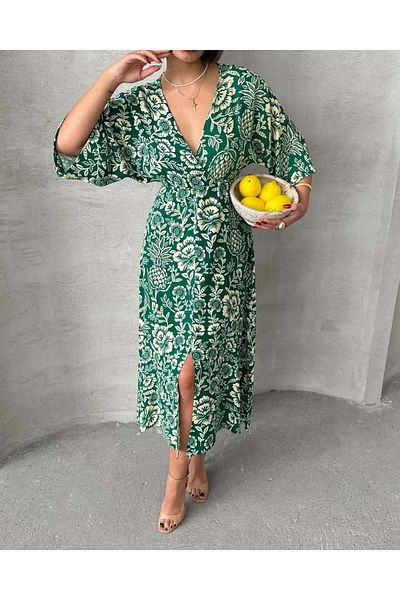 BE CHİC Rochie midi lungă de zi cu zi pentru femei, cu decolteu dublu, cu imprimeu floral, cu talie elastică SG1001-1
