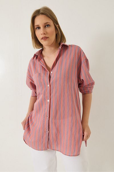 Bianco Lucci Women's Single Pocket Detailed Striped Oversize Shirt 8368 60283103