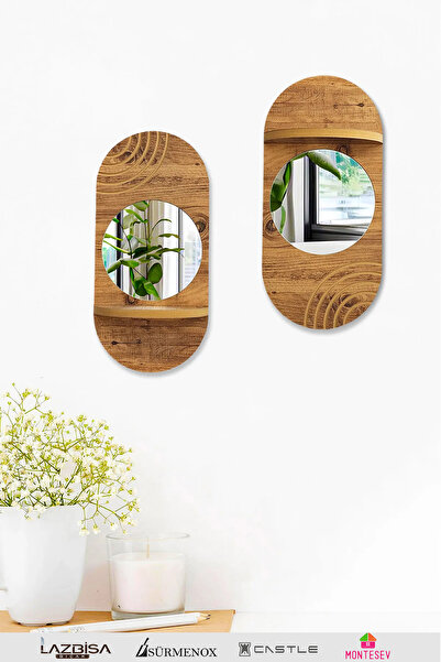 MONTESEV 2 Li Aynalı Duvar Rafı Seti Yuvarlak Ayna Dekoratif Ahşap Duvar Rafı...