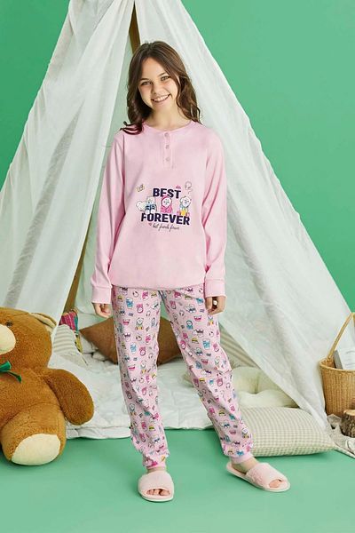 Aydoğan Girl's Pajama Set 100% Cotton Interlock Fabric Comfortable Sleeping Set