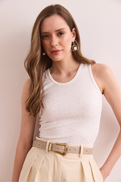 Olalook Γυναικεία λευκή στάμπα πέτρα με λεπτή ραβδωτή μπλούζα BLZ- 19002922