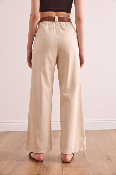 Olalook Kadın Ekru Kemerli Cepli Sırtı Lastikli Gabardin Palazzo Pantolon PNT-19000327
