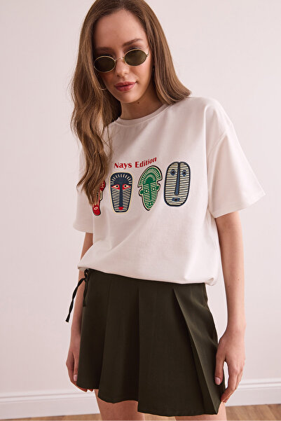 Olalook Λευκό γυναικείο μπλουζάκι με φιγούρες Αζτέκων Ισπανίας με 2 κλωστές TSH- 19000876