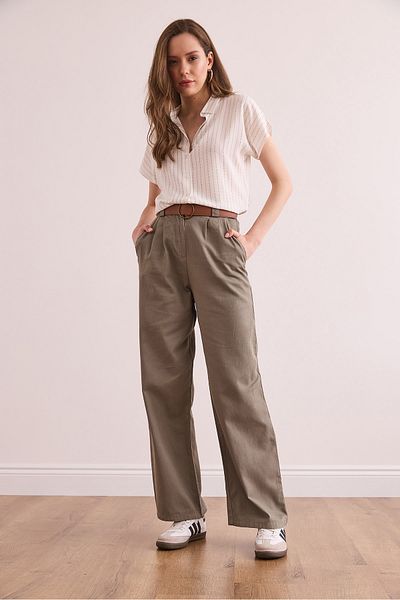 Olalook Women's Khaki Belted Pocket Elastic Back Gabardine Palazzo Trousers Pnt- 19000327