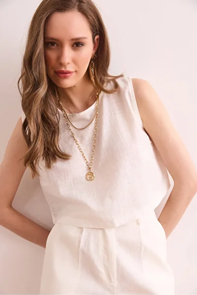Olalook Women's White Flam Linen Crop Blouse Blz- 19002925
