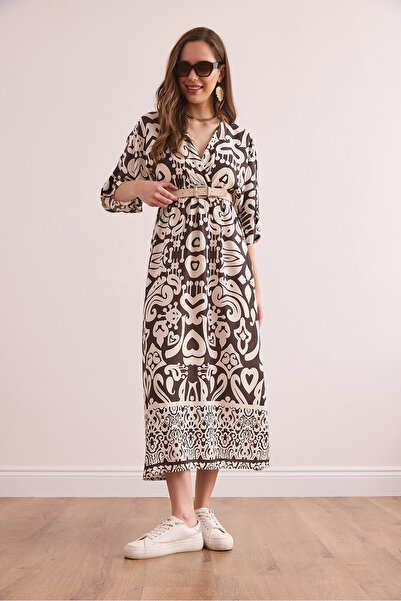 Olalook Women's Brown Bat Slit Elastic Waist Woven Viscose Dress Elb- 19002371