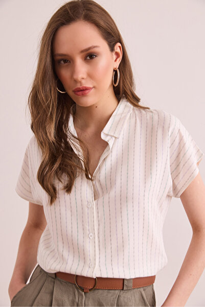 Olalook Πράσινο-Μωβ Χρώμα Ριγέ Γυναικείο Πουκάμισο Νυχτερίδας GML- 19001316