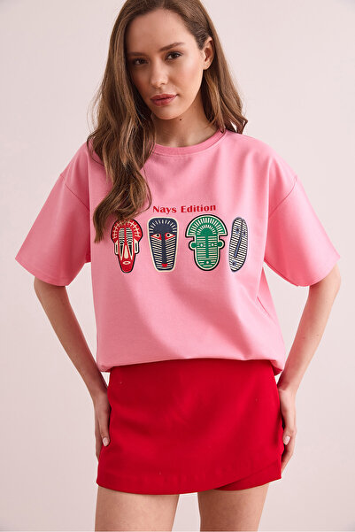 Olalook Γυναικείο μπλουζάκι με ροζ Αζτέκων φιγούρες με 2 κλωστές TSH- 19000876