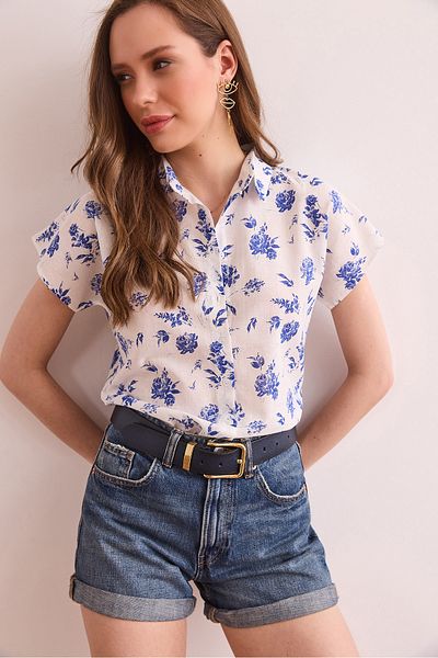 Olalook Rose Navy Blue Flared Bat - Γυναικείο πουκάμισο με Flared Linen GML- 19001317