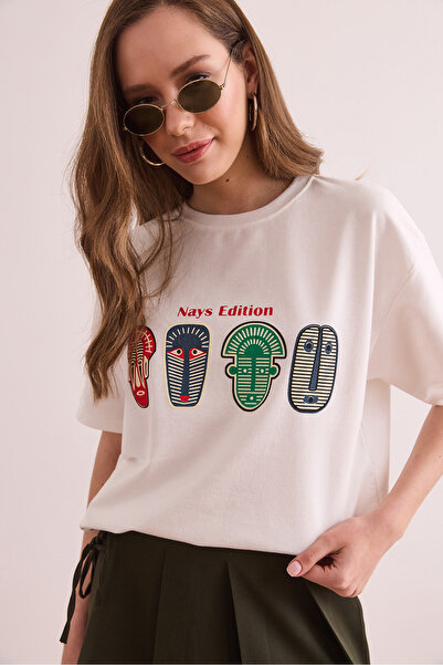 Olalook Λευκό γυναικείο μπλουζάκι με φιγούρες Αζτέκων Ισπανίας με 2 κλωστές TSH- 19000876