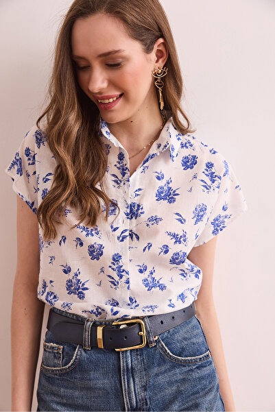 Olalook Kadın Gül Lacivert Flamlı Keten İçerikli Yarasa Gömlek GML-19001317