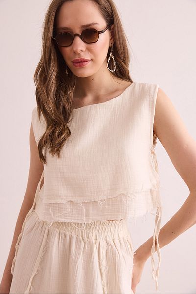Olalook Women's Ecru Double Layer Dirty Stitching Lace Detailed Muslin Blouse Blz- 19002924