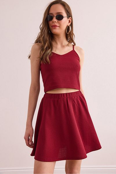 Olalook Women's Burgundy Skirt Blouse Textured Suit Tkm- 19000373