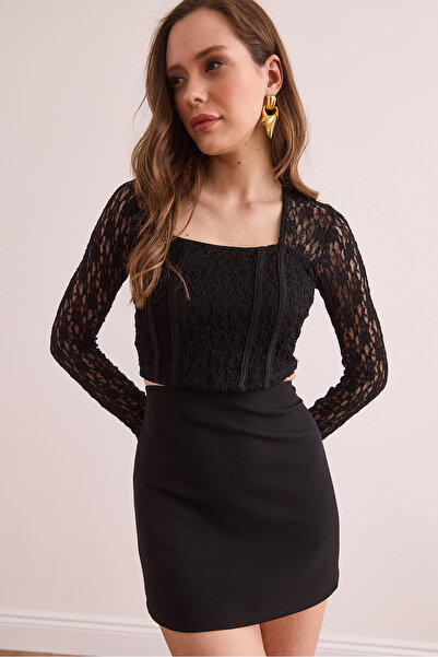 Olalook Kadın Siyah Korse Görünümlü Esnek Dantel Bluz BLZ-19002927