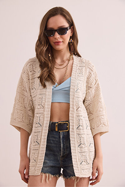 Olalook Kadın Ekru Kare Ponponlu Ajurlu Mevsimlik Hırka HRK-19000353