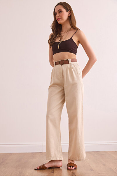 Olalook Kadın Ekru Kemerli Cepli Sırtı Lastikli Gabardin Palazzo Pantolon PNT-19000327
