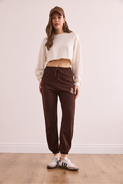 Olalook Women's Bitter Brown Pocket Embroidered 2 Thread Sweatpants Eşf- 00000082