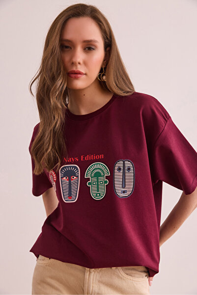 Olalook Tricou pentru femei, burgundă, cu figuri aztece, cu 2 fire, cu potriv...