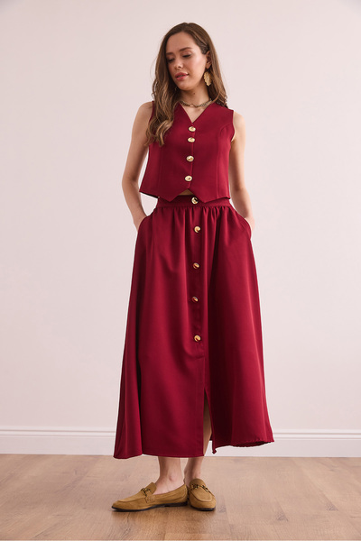 Olalook Women's Burgundy Top Lined Vest Bottom Buttoned Flared Skirtsuit Tkm- 19000376