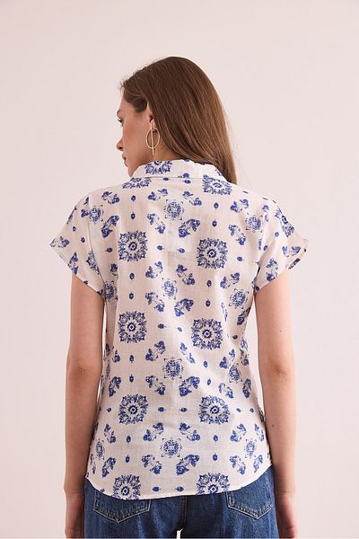 Olalook Γυναικείο μοτίβο Navy Blue Flared Linen Πουκάμισο με νυχτερίδα GML- 19001317