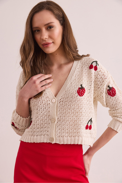 Olalook Women's Ecru Strawberry Cherry Motif Openwork Crop Cardigan Hrk- 19000359