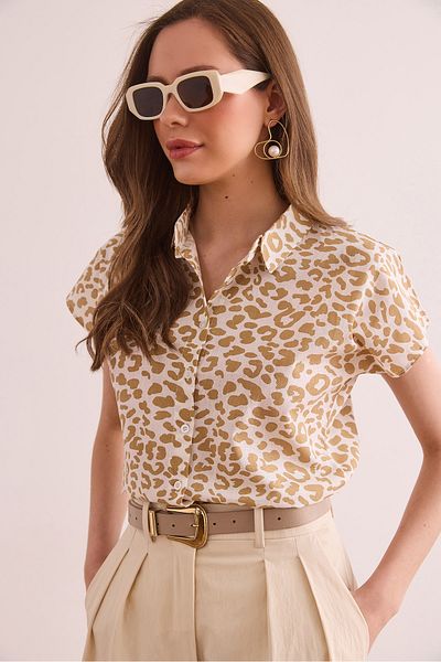 Olalook Γυναικείο Leopard Beige Flared Linen Πουκάμισο GML- 19001317