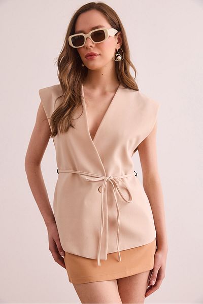 Olalook Women's Stone Belted Single Button Lined Vest Ylk- 19000054