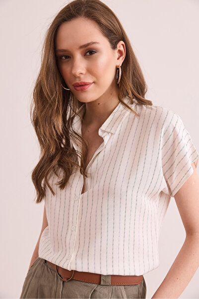 Olalook Πράσινο-Μωβ Χρώμα Ριγέ Γυναικείο Πουκάμισο Νυχτερίδας GML- 19001316