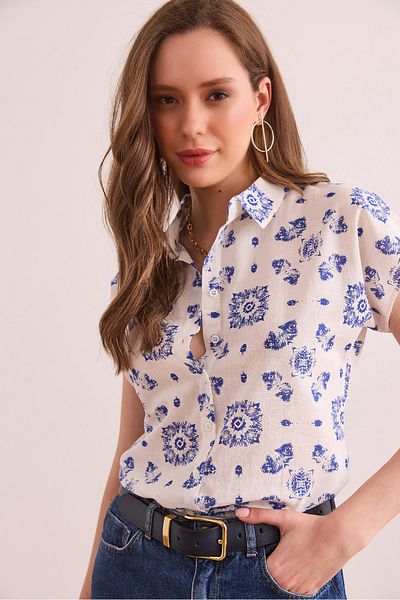 Olalook Γυναικείο μοτίβο Navy Blue Flared Linen Πουκάμισο με νυχτερίδα GML- 19001317