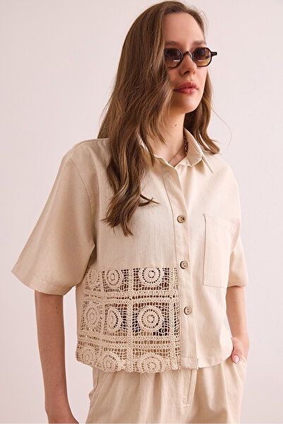 Olalook Жіноча сорочка з одним кишенею, з детальним оздобленням з мережива, з бавовняної габардину GML-19001318