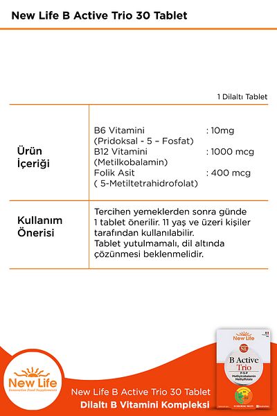 New Life B Active Trio 30 Tablets - Vitamin B6 and B12 - Folic Acid (P5P-Methylcobalamin-Methylfolate)
