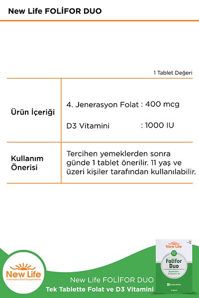 New Life Folifor Duo 30 Tablets - 400Mcg Folic Acid and 1000Iu Vitamin D3