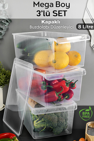 Meleni Home 3 Storage Containers with Lids - Organizer Organizer Fruit Vegetable Ration Container Storage Box 8 Liters